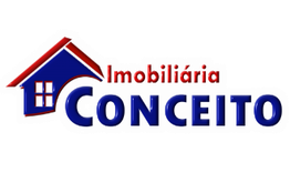 Logotipo da Imobiliária Conceito com desenho de casa azul e texto em vermelho e azul.