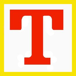 Letra "T" roja en un fondo blanco con borde amarillo.