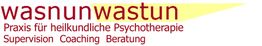 Logo mit Text: "wasnunwastun", Psychotherapie, Supervision, Coaching, Beratung auf gelbem Hintergrund.