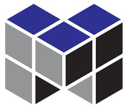 Würfel aus Grau, Blau und Schwarz, würfelartig angeordnet.