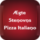 Rød baggrund med teksten "Ægte Stenovns Pizza Italiano" i hvidt.