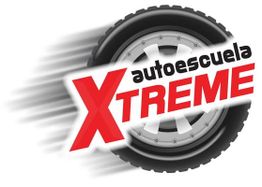 Logotipo de "Autoescuela Xtreme" con letra roja y fondo de neumático en movimiento.