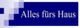 Blaues Rechteck mit dem weißen Text „Alles fürs Haus“ und grafischen Kästchen links.