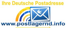Blaues Brief-Icon, Text: "Ihre Deutsche Postadresse" über "www.postlagernd.info".