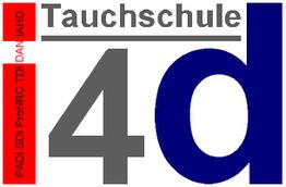 Logo der Tauchschule 4d, mit roten und blauen Buchstaben, PADI und weiteren Zertifikaten.