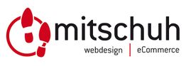 Logo mit roten Schuhen, Text: "mitschuh", "webdesign", "eCommerce".