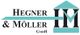 Logo der Hegner & Möller GmbH mit stilisiertem Gebäudesymbol in Schwarz und Türkis.