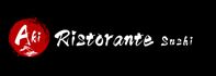 Logo del ristorante Aki Sushi su sfondo nero, con scritta bianca e simbolo rosso.