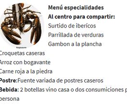 Menú con mariscos, ibéricos, verduras, croquetas, arroz con bogavante y postres caseros.