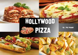 Pizza, lasagna, patatine fritte e hot dog con logo "Hollywood Pizza" al centro.
