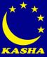 Gelber Halbmond mit fünf Sternen und dem Text "KASHA" auf blauem Hintergrund.