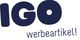 Logo: "IGO" in Blau, darunter "werbeartikel!" in Kleinbuchstaben.