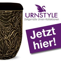 Dekorative Urne mit floralem Muster, Text: "Urnstyle, Jetzt hier!"