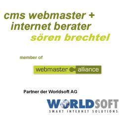 CMS Webmaster und Internetberater, Sören Brechtel. Logos von Webmaster Alliance und Worldsoft AG.