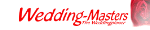 Logo mit rotem "Wedding-Masters"-Schriftzug und einem verschleierten Brautpaar im Hintergrund.