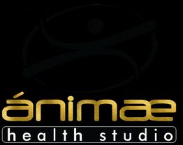 Logotipo de Ánimae Health Studio con letras doradas sobre un fondo negro.