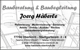 Visitenkarte von Joerg Häberle, Bauberatung, mit Kontaktdaten und Leistungen wie Renovierung.