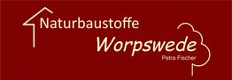 Logo mit Text: "Naturbaustoffe Worpswede, Petra Fischer" auf rotem Hintergrund.