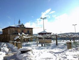 Plaza nevada con edificio antiguo y árboles cubiertos de nieve bajo un cielo azul claro.