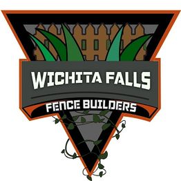 Logo of Wichita Falls Fence Builders with a fence and greenery on a triangle background.