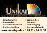 Unikat-Logo, bunte Farbpalette, Dienstleistungen: Sandsteinfurnier, Spanndecken, Lehmputz.