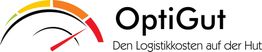 Logo von OptiGut mit stilisiertem Tachometer und Text: "Den Logistikkosten auf der Hut".