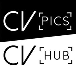 Schwarz-weißes Design mit den Texten "CV Pics" und "CV Hub" in kontrastreichem Layout.
