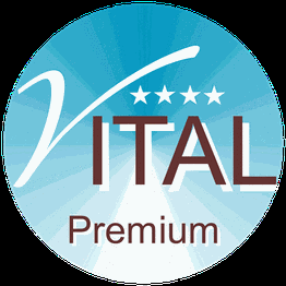 Kreis-Logo mit blauem Verlauf und Text: "VITAL Premium" sowie vier Sternen über dem "I".