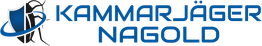Logo mit dem Text "Kammerjäger Nagold" und einem stilisierten blauen Schild und Orbit.