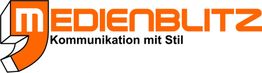 Logo mit Text "MEDIENBLITZ" in Orange, darunter "Kommunikation mit Stil" in Schwarz.