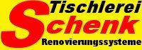 Gelbes Logo mit rotem "S", Text: "Tischlerei Schenk Renovierungssysteme" in Schwarz und Rot.