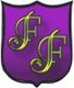 Lila Wappen mit goldenen Buchstaben "F" und verschlungenem Design.