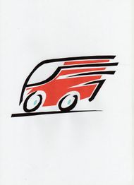 Grafische Darstellung eines roten Busses mit dynamischen Linien auf weißem Hintergrund.