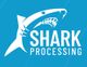 Logo with a blue background, stylized white shark above the text "Shark Processing."