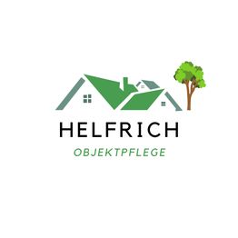 Logo: Grünes Hausdach mit Baum, Text "Helfrich Objektpflege".