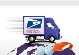 USPS truck on a globe with coins and an orange arrow pointing at them.