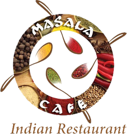 Logo of Masala Cafe Indian Restaurant with various colorful spices in a circular pattern.
