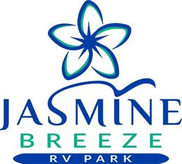 Logo of Jasmine Breeze RV Park, featuring a stylized floral design above the text.