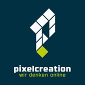 Abstraktes Logo mit Schriftzug "pixelcreation, wir denken online" auf dunkelblauem Hintergrund.