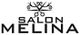 Logo for Salon Melina med saks og dekorative krøller.