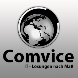 Comvice-Logo mit Weltkugel und Slogan „IT-Lösungen nach Maß“ in Schwarz-Weiß.