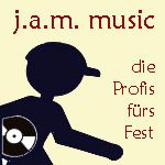 Schattenfigur mit Schallplatte, Text: "j.a.m. music, die Profis fürs Fest".