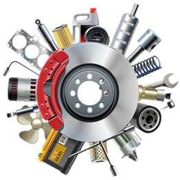 Autoersatzteile in einem Kreis, darunter Bremsscheiben und Werkzeuge.