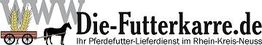 Logo von "Die-Futterkarre.de", Pferd zieht eine Karre mit Getreide, Text über Pferdefutter-Lieferdienst.