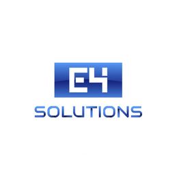 Logo de "E4 Solutions" en tonos azules con fondo blanco.