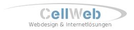 Logo von CellWeb, spezialisiert auf Webdesign und Internetlösungen, mit schwungvollem grauem Bogen.