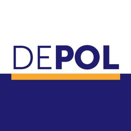 Texto "DEPOL" sobre fondo azul con línea amarilla debajo.