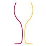 Zwei Linien formen eine Weinglas-Silhouette: eine rote links, eine gelbe rechts, auf weißem Hintergrund.
