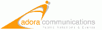 Logo von Adora Communications mit stilisierter Figur und orangefarbenen Akzenten.