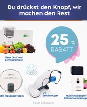 Werbung für Tiens-Produkte. Obstreiniger, Massagegerät, Staubsauger. 25 % Rabattangebot.
